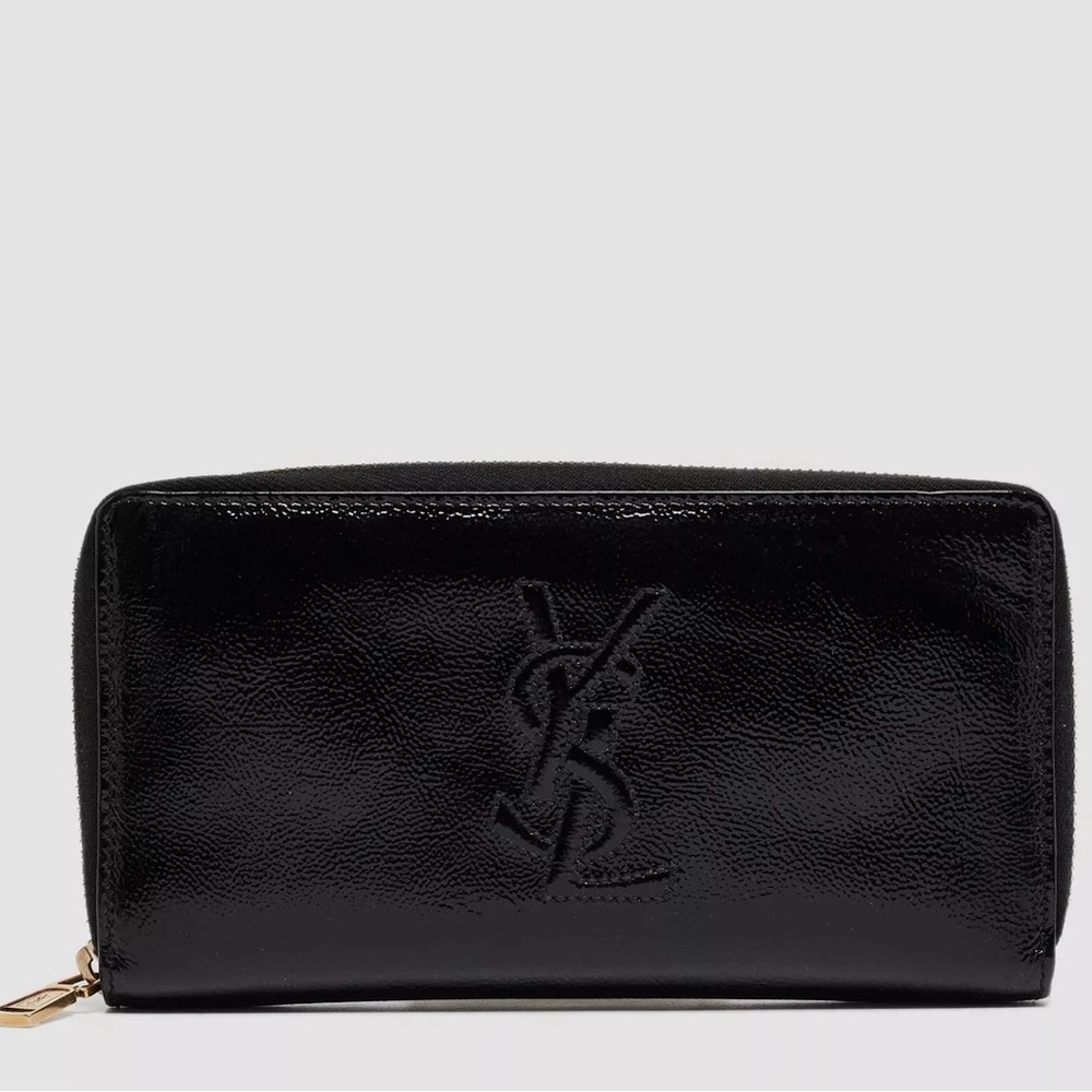 YVES SAINT LAURENT Black Patent Leather Belle De Jour Zip Around Wallet
